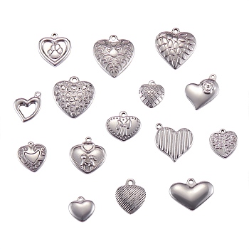 15Pcs 15 Style Stainless Steel Pendants, Heart, Antique Silver & Stainless Steel Color, 19x18x3mm, Hole: 1.5mm