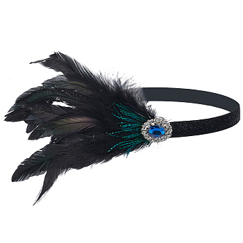 Elastic Feather Headbands, with Rhinestone and Polyester, Black, 250x16.5x13mm