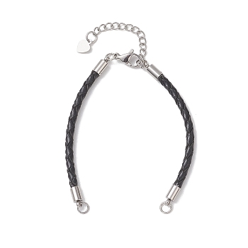 3MM Round Braided Leather Bracelet Making, with 304 Stainless Steel Ends Chains, Stainless Steel Color, Black, 5.94 inch(15.1cm)