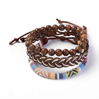 Stackable Bracelets Set, with Korean Waxed Polyester Cord, Rope Cloth Ethnic Cords, Waxed Cotton Cord and Wood Beads, 2-1/8 inch~2-1/4 inch(5.4~5.8cm), 3pcs/set
