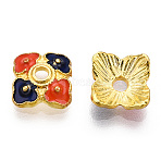 4-Petal Alloy Enamel Bead Caps, Flower, Orange, 10.5mm, Hole: 1.6mm(X1-ENAM-TAC0023-08)