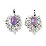 Natural Amethyst Pendants, Brass Leaf Charms, Platinum, Rack Plating, 31x21x7.5mm, Hole: 7.5x3.5mm(G-L623-04P-06)