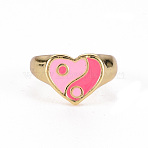 Alloy Enamel Wide Band Rings, Cadmium Free & Lead Free, Light Gold, Heart with Yin-yang, Hot Pink, US Size 6 3/4(17.1mm)(RJEW-N034-001A-RS)