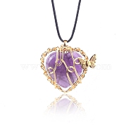 Natural Amethyst Metal Wire Wrapped Heart Pendants, Golden Plated Butterfly Charms, 42x37mm(PW-WG13885-05)