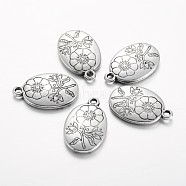 CCB Plastic Pendants, Oval with Flower, Antique Silver, 34x22x4.5mm, Hole: 3mm(CCB-I001-06AS)