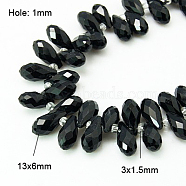Crystal Glass Beads Strands, Top Drilled Beads, Faceted, Teardrop, Black, 13x6mm, Hole: 1mm, about 100pcs/strand, 16.5 inch(GLAA-D033-14)