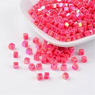Eco-Friendly Poly Styrene Acrylic Beads, AB color, Cube, Deep Pink, 4x4mm, Hole: 1mm, about 8000pcs/500g(PL337AB-3)