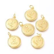 Brass Pendants, Flat Round with Smiling Face and Word For Today, Real 18K Gold Plated, 17x14x1.4mm, Hole: 3.4mm(KK-J275-12G)