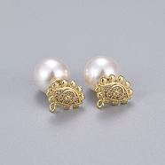 Brass Micro Pave Clear Cubic Zirconia Stud Earrings, with Acrylic Imitation Pearl, Long-Lasting Plated, Eye, Real 18K Gold Plated, 12.5x13mm, Pin: 0.7mm(EJEW-K083-01G)