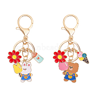 2Pcs 2 Style Cute Cotton Candy Theme Bear/Rabbit Alloy Enamel Pendant Keychain with Ice Cream and Flower Charm, for Keychain, Purse, Backpack Ornament, Mixed Shapes, 9.2~9.4cm, 1pc/style(KEYC-GL0001-04)