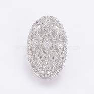 Brass Micro Pave Cubic Zirconia Beads, Long-Lasting Plated, Hollow Oval, Clear, Real Platinum Plated, 19x11.5x7mm, Hole: 1mm(ZIRC-G125-44P)