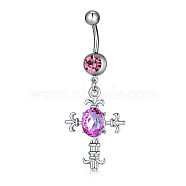 Piercing Jewelry, Brass Cubic Zirconia Navel Ring, Belly Rings, with 304 Stainless Steel Bar, Lead Free & Cadmium Free, Cross, Fuchsia, Platinum, 55x22mm, Bar Length: 3/8"(10mm), Bar: 14 Gauge(1.6mm)(AJEW-EE0002-08P)