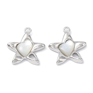 Brass Pendants, with Shell, Star Charm, Real Platinum Plated, 19x17x3mm, Hole: 1.6mm(KK-C031-06P)