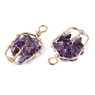 Natural Amethyst Pendants, Golden Tone Brass Wire Wrapped, Tree, Bottle, 37~38x21.5~22.5x4.5~7.5mm, Hole: 4mm(G-T131-94B-09)