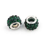 Polymer Clay Rhinestone European Beads, Large Hole Beads, Rondelle, with Silver Color Plated Brass Cores, Emerald, 10~12x7~8mm, Hole: 5mm(CPDL-T001-01)