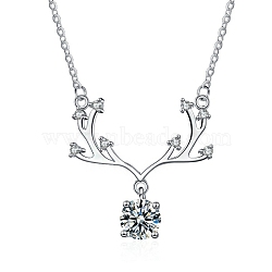 Anti-Tarnish Rhodium Plated 925 Sterling Silver Micro Pave Clear Cubic Zirconia Cable Chain Necklaces, Crystal Moissanite Rhinestone Deer Antler Pendant Necklaces, Platinum, 17-1/8 inch(43.4cm), Pendants: 24x25x4.5mm(AJEW-U007-02P)