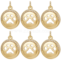 Beebeecraft 10Pcs Brass Micro Pave Cubic Zirconia Pendants, Real 18K Gold Plated, with Jump Ring, Flat Round with Paw Print Charms, Clear, 18.5x15.5x5mm, Jump Ring: 5x0.8mm, Inner Diameter: 3.2mm(KK-BBC0010-78)