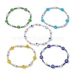 Evil Eye Lampwork & Glass Seed Beaded Stretch Bracelet, Mixed Color, Inner Diameter: 2-1/4 inch(5.6cm)(BJEW-JB10180)