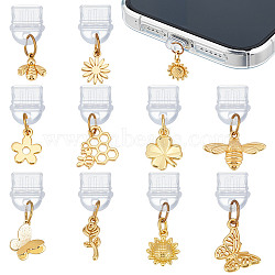 10Pcs Plastic Mobile Dustproof Plugs, with Brass Pendants, Flowers, Bees, Golden, 21~26mm(HJEW-OC00236)