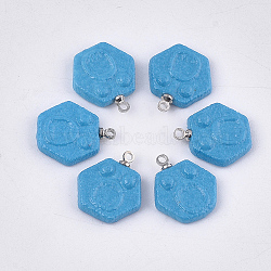 Handmade Porcelain Pendants, Frosted, with Brass Findings, Hexagon, Platinum, Deep Sky Blue, 17~17.5x15~15.5x4mm, Hole: 1.5mm(PORC-T002-86)