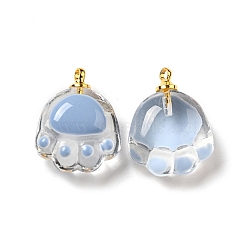 Transparent Glass Pendants, with Golden Tone Alloy Loops and Enamel, Cat Paw, Cornflower Blue, 18.5x14.5x7.5mm, Hole: 1.6mm(FIND-I029-03E)