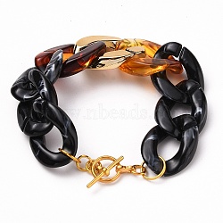 Acrylic Cuban Link Chain Bracelets, Curb Chain Bracelets, with CCB Plastic Findings and Alloy Toggle Clasps, Black, 8 inch(20.2cm)(X-BJEW-JB05659-05)