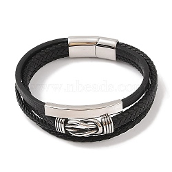 Braided Microfiber Leather Multi-strand Bracelets, 304 Stainless Steel Bracelets for Men, Stainless Steel Color, Knot, 8-5/8x1 inch(22x2.6cm)(BJEW-B096-05B)