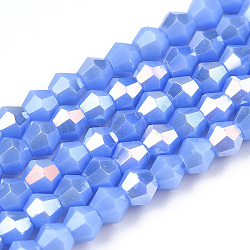 Opaque Solid Color Electroplate Glass Beads Strands, AB Color Plated, Faceted, Bicone, Cornflower Blue, 2.9~3.3x2.5mm, Hole: 0.7mm, about 145~150pcs/strand, 16.34~16.54 inch(41.5~42cm)(EGLA-A039-P2mm-B19)