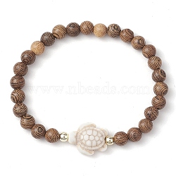 Summer Beach Turtle Dyed Synthetic Turquoise & 6.5mm Round Wenge Wood Beaded Stretch Bracelets for Women, Floral White, Inner Diameter: 1-7/8 inch(4.9cm)(BJEW-JB10515-02)