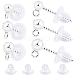 6 Pairs 3 Size 925 Sterling Silver Ear Stud Findings, Ball Stud Earring Post with Loops & 20Pcs Plastic Ear Nuts, Silver, 14~15mm, Hole: 1mm, Pin: 0.7mm(STER-BBC0001-63S)