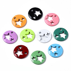 Spray Painted Brass Charms, Flat Round with Star, Mixed Color, 14.5x14.5x2.5mm, Hole: 2mm(KK-Q252-003)