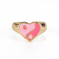 Alloy Enamel Wide Band Rings, Cadmium Free & Lead Free, Light Gold, Heart with YinYang, Hot Pink, US Size 6 3/4(17.1mm)(RJEW-N034-001A-RS)