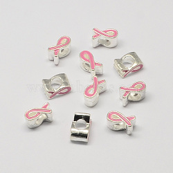 Alloy Enamel Awareness Ribbon Large Hole European Beads, Silver Color Plated, Pink, 11x6x8mm, Hole: 5mm(MPDL-R036-41B)