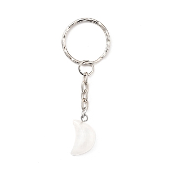 Natural Quartz Crystal Keychain, with Platinum Plated Iron Split Key Rings, Moon, 71mm