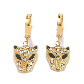 Rhinestone Leopard Dangle Hoop Earrings with Enamel, Gold Plated 304 Stainless Steel Jewelry for Women, Crystal, 30mm, Pin: 1mm
