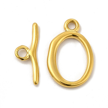 Ion Plating(IP) 304 Stainless Steel Toggle Clasps, Oval, Real 18K Gold Plated, Oval: 21.5x14x2mm, Hole: 2mm, 13.5x9mm inner diameter, Bar: 19x7x2mm, hole: 2.5mm