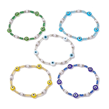 Evil Eye Lampwork & Glass Seed Beaded Stretch Bracelet, Mixed Color, Inner Diameter: 2-1/4 inch(5.6cm)