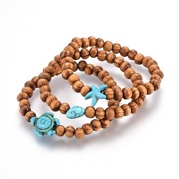 Wood Beads Stretch Kids Bracelets, with Synthetic Turquoise(Dyed) Beads, 1-3/4 inch(4.5cm)