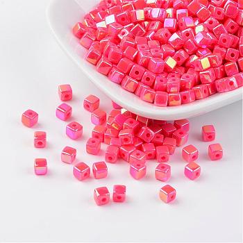 Eco-Friendly Poly Styrene Acrylic Beads, AB color, Cube, Deep Pink, 4x4mm, Hole: 1mm, about 8000pcs/500g