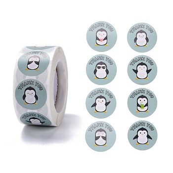 Flat Round Paper Thank You Stickers, Cartoon Animal Pattern with Word Thank you, Self-Adhesive Gift Tag Labels Youstickers, Penguin Pattern, 6.3x2.95cm, 500pcs/roll