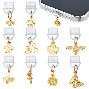10Pcs Plastic Mobile Dustproof Plugs, with Brass Pendants, Flowers, Bees, Golden, 21~26mm