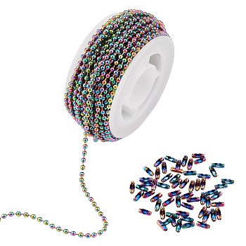 5M Ion Plating(IP) Rainbow Color 304 Stainless Steel Ball Chains, with 10Pcs Ion Plating(IP) 304 Stainless Steel Ball Chain Connectors, with Spool, Ball Chains: 2mm