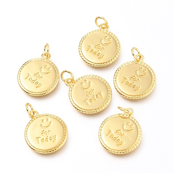 Brass Pendants, Flat Round with Smiling Face and Word For Today, Real 18K Gold Plated, 17x14x1.4mm, Hole: 3.4mm