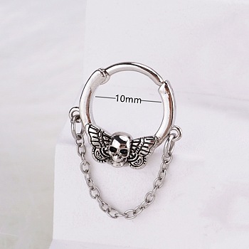 316L Stainless Steel Micro Pave Cubic Zirconia Hoop Nose Rings, Skull, Inner Diameter: 10mm, Pin: 1.2mm