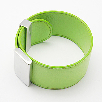 Wide Leather Bracelets, with Stainless Steel Clasps, Lawn Green, 59x32x1.5mm, Length: 235mm