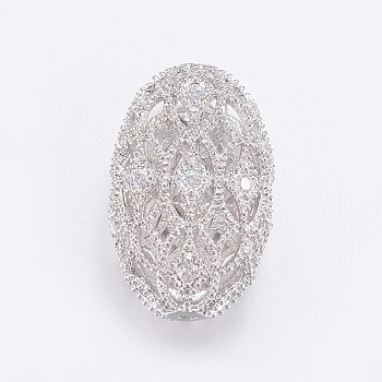 Brass Micro Pave Cubic Zirconia Beads, Long-Lasting Plated, Hollow Oval, Clear, Real Platinum Plated, 19x11.5x7mm, Hole: 1mm