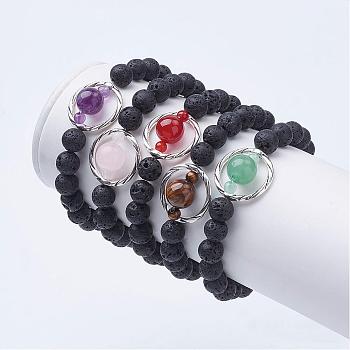 Natural Lava Rock Beads Stretch Bracelets, with Gemstone Beads and Alloy Findings, 2 inch(52mm)