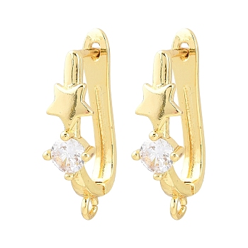 Brass Micro Pave Cubic Zirconia Hoop Earring Findings, Star, with Loop, Long-Lasting Plated, Lead Free & Cadmium Free, Golden, 24.5x6.5x14mm, Hole: 2mm, Pin: 1.1mm