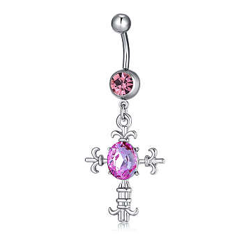 Piercing Jewelry, Brass Cubic Zirconia Navel Ring, Belly Rings, with 304 Stainless Steel Bar, Lead Free & Cadmium Free, Cross, Fuchsia, Platinum, 55x22mm, Bar Length: 3/8"(10mm), Bar: 14 Gauge(1.6mm)