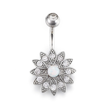 Piercing Jewelry, Brass Cubic Zirciona Navel Ring, Belly Rings, with 304 Stainless Steel Bar & Synthetic Opal, Platinum, 26.5x16mm, Bar: 15 Gauge(1.5mm), Bar Length: 3/8"(10mm)